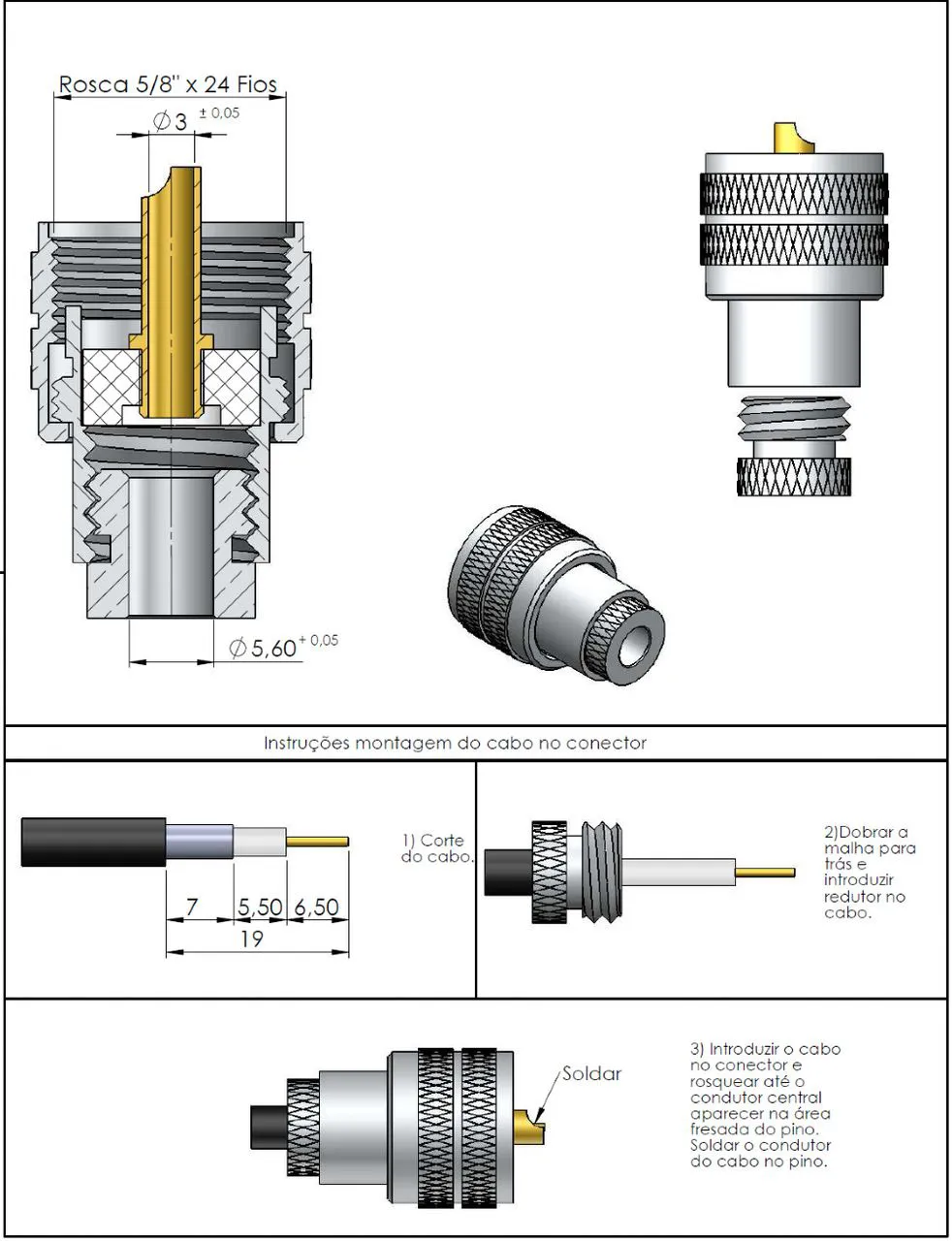 instruções montagem de cabo no conector